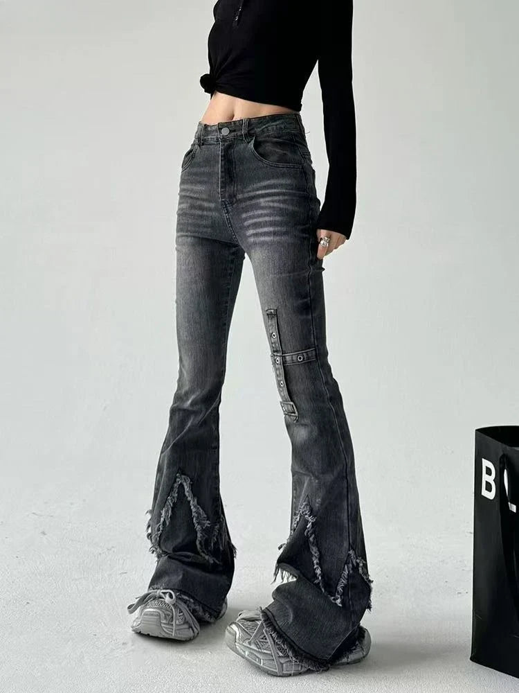 retro slim-fitting pants Y2k trendy wasteland trousers legs furrow stretch jeans