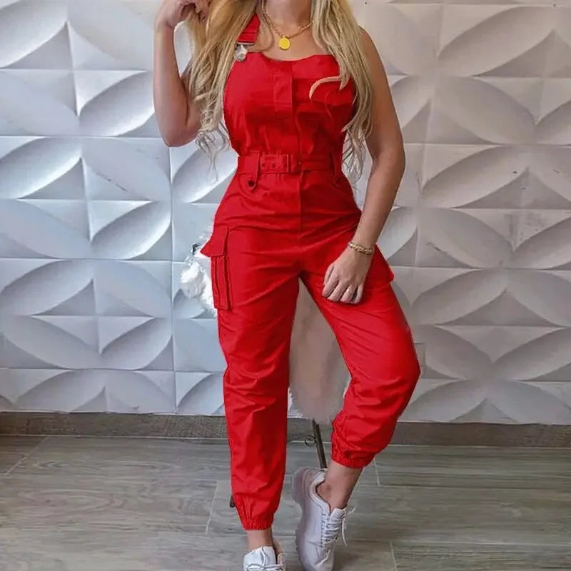 Wish Utility Jumpsuit Beltless Sleeveless Simple Tied Pants Working Uniform Cross-border Style from HongKong