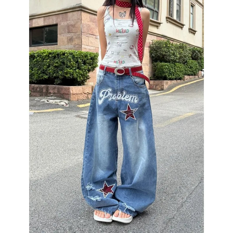 Blue Gothic Ripped Jeans Baggy Denim Trousers Harajuku Oversize Jean Pants Vintage 2000s Trashy Clothes
