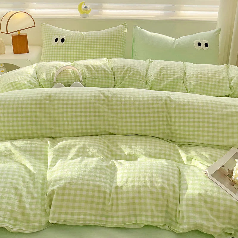 Small Fresh Cream Style Striped Simple Embroidery Big Eyes Four-piece Bed Sheet Quilt Cover Bed Sheet Dormitory Three-piece Set