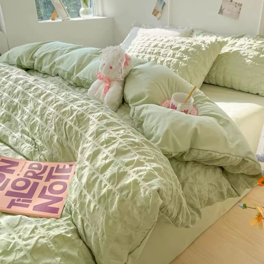 Princess Bedding Set French Style Wash Cotton Solid Color Seersucker SoftBed Sheet Set Comforter Set