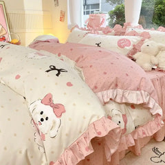 Cartoon Washed Cotton Bed Sheet Four-piece Set Non-cotton Thickened Brushed Quilt Cover Bed Skirt Style Princess Style Bedroom