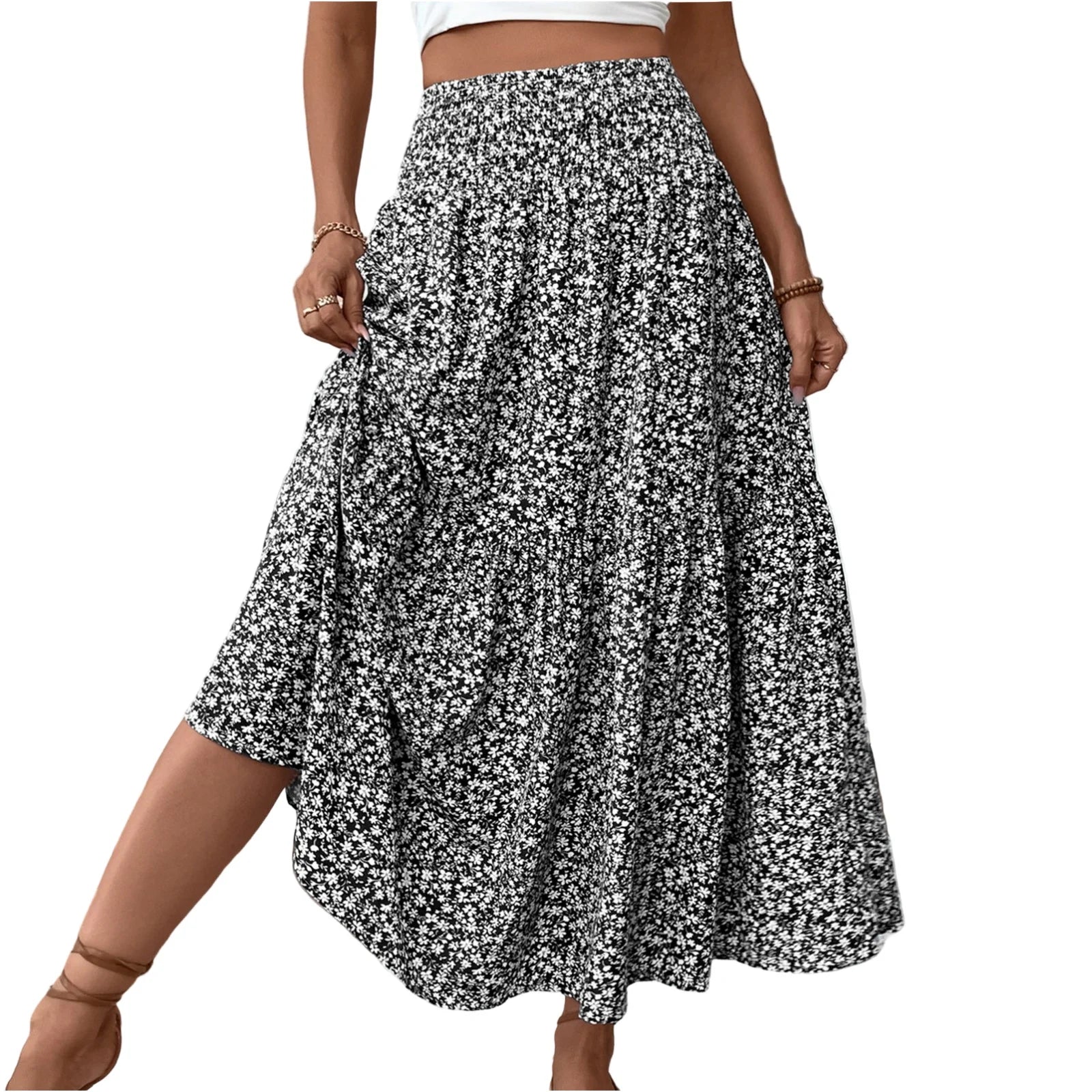 Pleated Floral Print Elastic Waist Loose Splicing A Line Skirt Skirts
