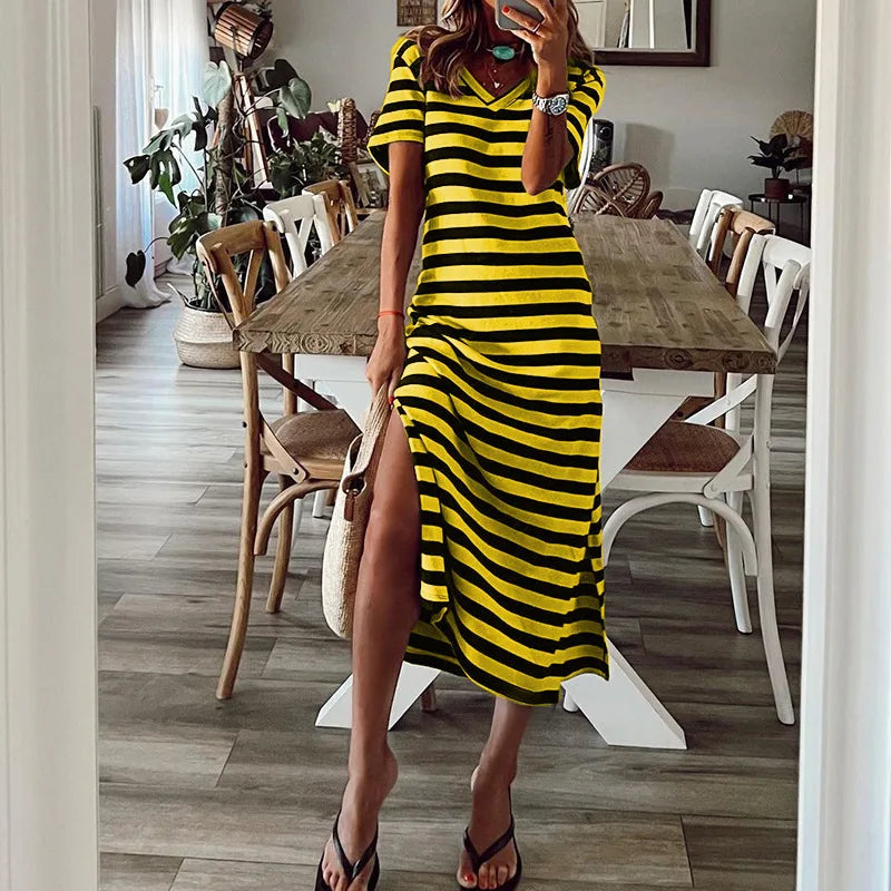loose striped printed long dress with slits on both sides