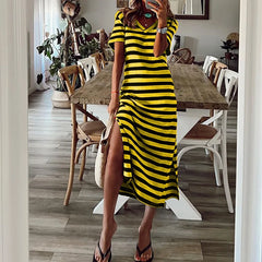 loose striped printed long dress with slits on both sides