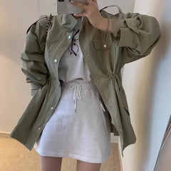 Korean Chic Vintage Lapel Zipper Style Windbreaker Polyester Fiber Full Sleeve Versatile Slimming Pleated Waist
