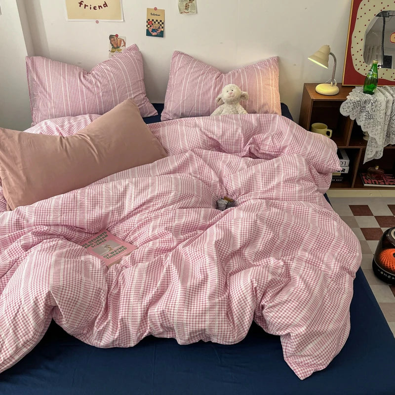 Vintage Double Sided Red Plaid Bedding Set Skin-Friendly Soft Duvet Cover Set with Bed Sheet