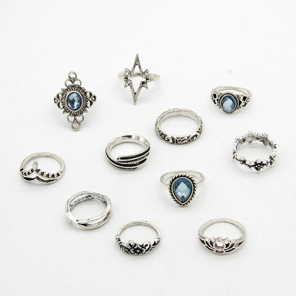 11pcs/set Bohemia Vintage Silver Gothic Aesthatic Vintage Carved Feathers Flowers Leaves Butterfly Ring set