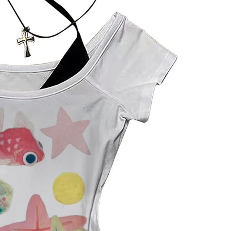 Y2k cute pattern Vintage Basic Tees Ladies Clothes Retro Graphic Top White Short Sleeve Casual T Shirt