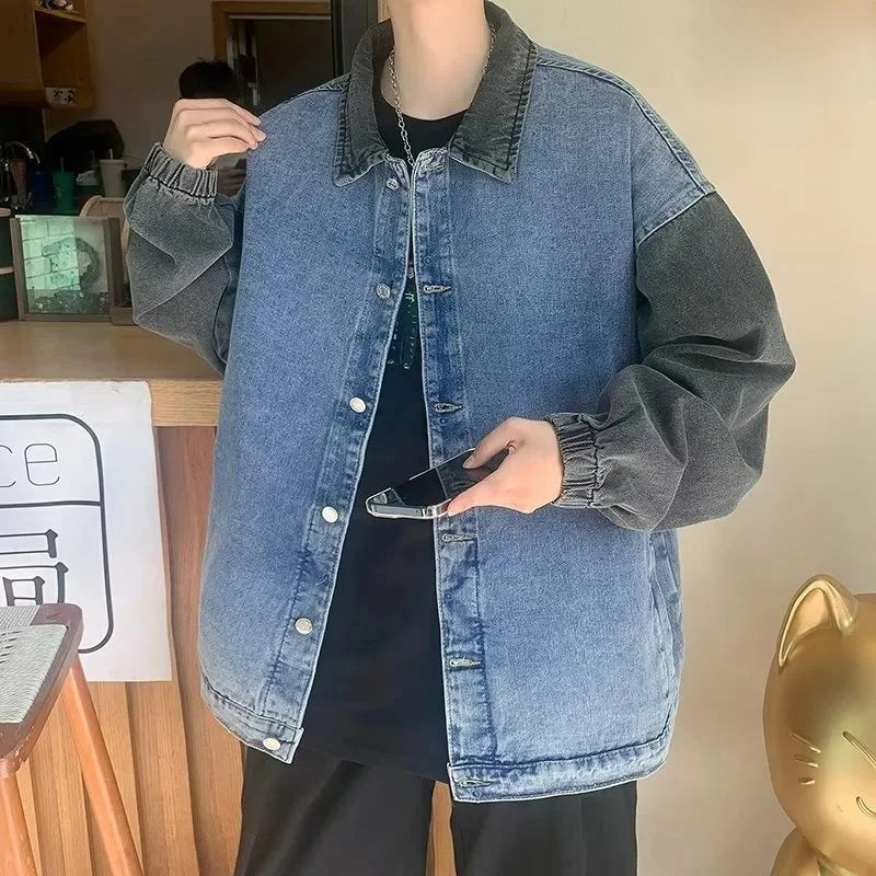 Retro Denim Jacket Design Patchwork Color Block Collar Stand up Loose Fit Casual Trendy Top