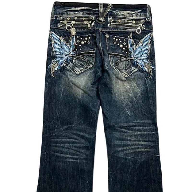American High Street Large Size Butterfly Embroidered Jeans Y2K Millennium Harajuku Slim Flared Jeans