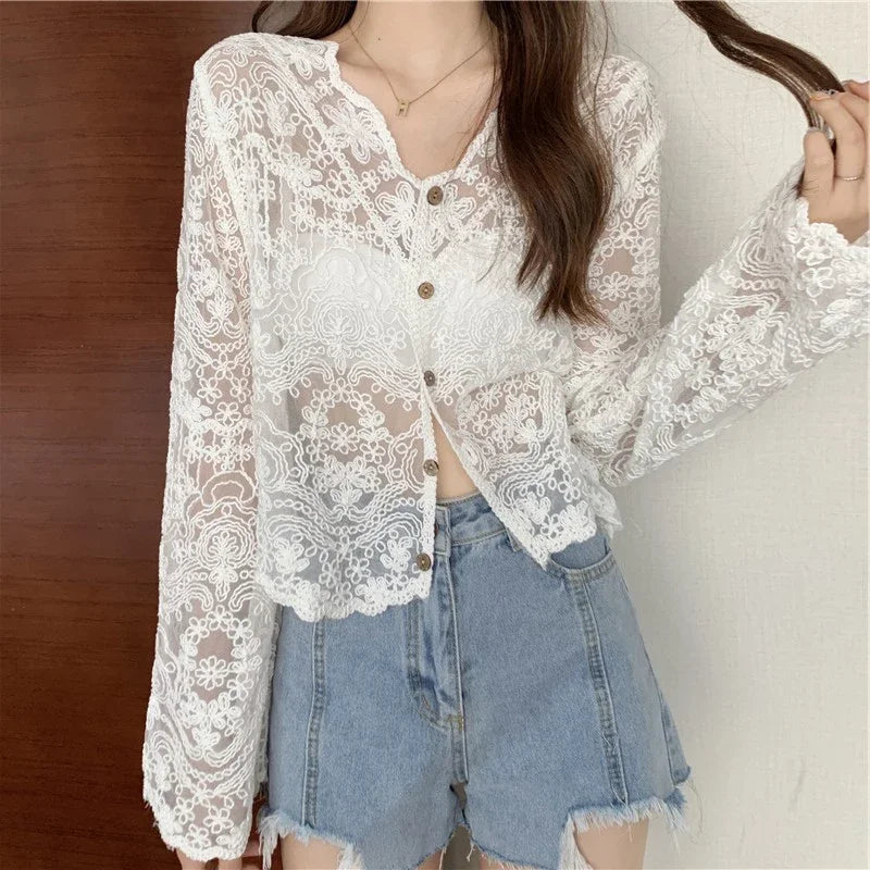 Vintage Lace Blouses See Through Sheer Long Sleeve Sun Shirts Korean Style Casual Sun Protection Ladies Tops