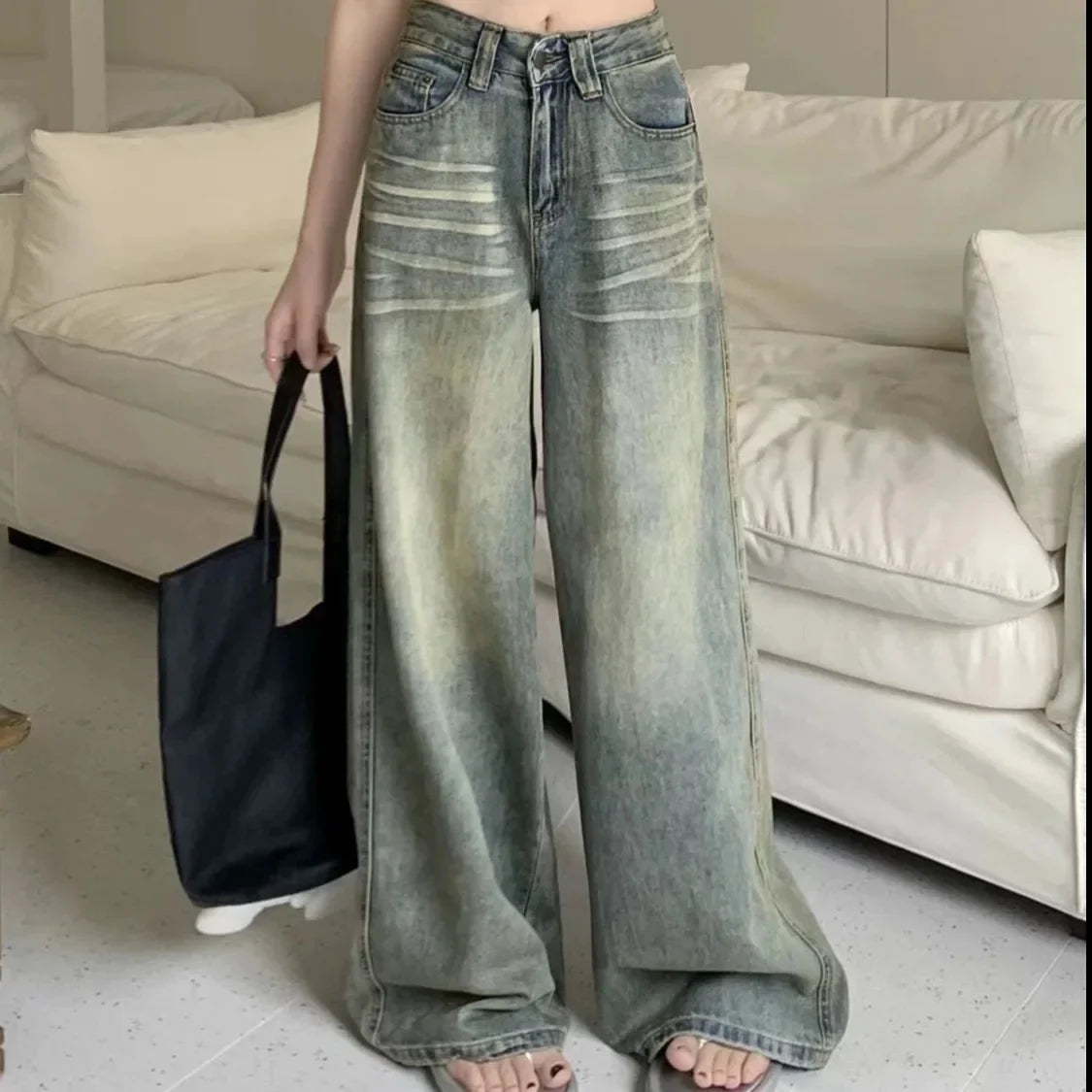Vintage Wide-Leg Jeans Loose-Fit High-Waisted Slimming Casual Straight-Leg Long Pants Trendy On The Ground