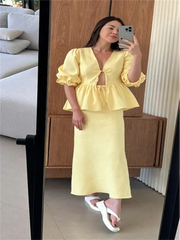 s Skirt Set V-neck Lace Up Short Bubble Sleeve Hollow Out Shirt High Waist Long Skirt Suit Lady Outfit