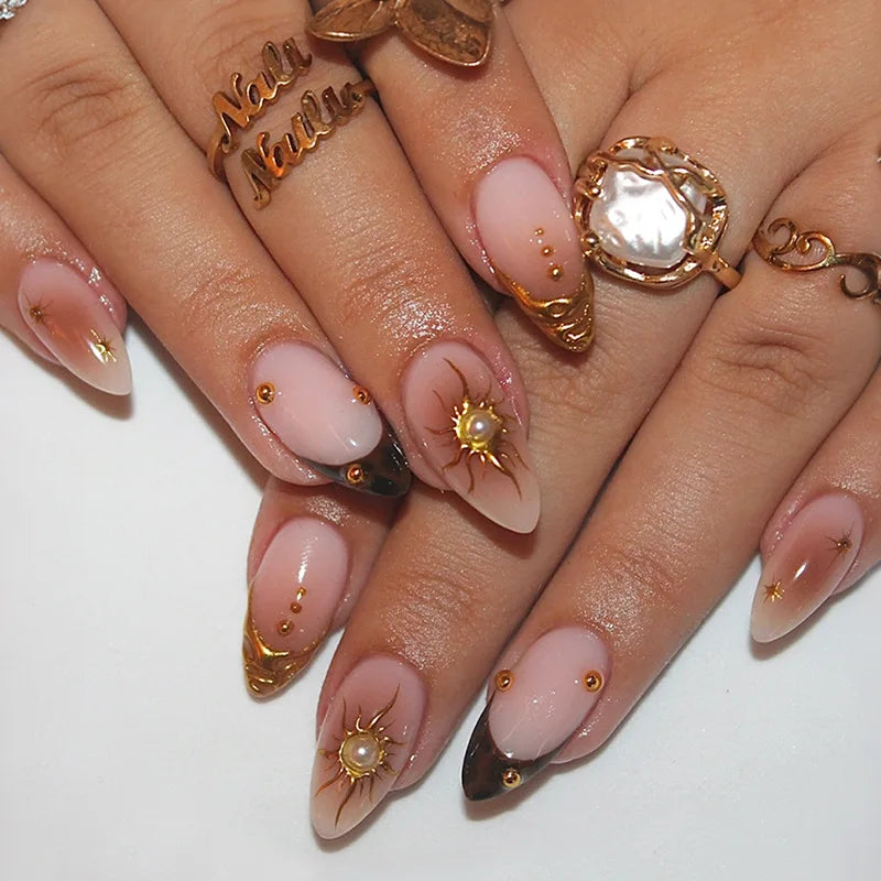 24pcs Golden Lines Patterns False Nails Dark Purple Blush French Fake Nails