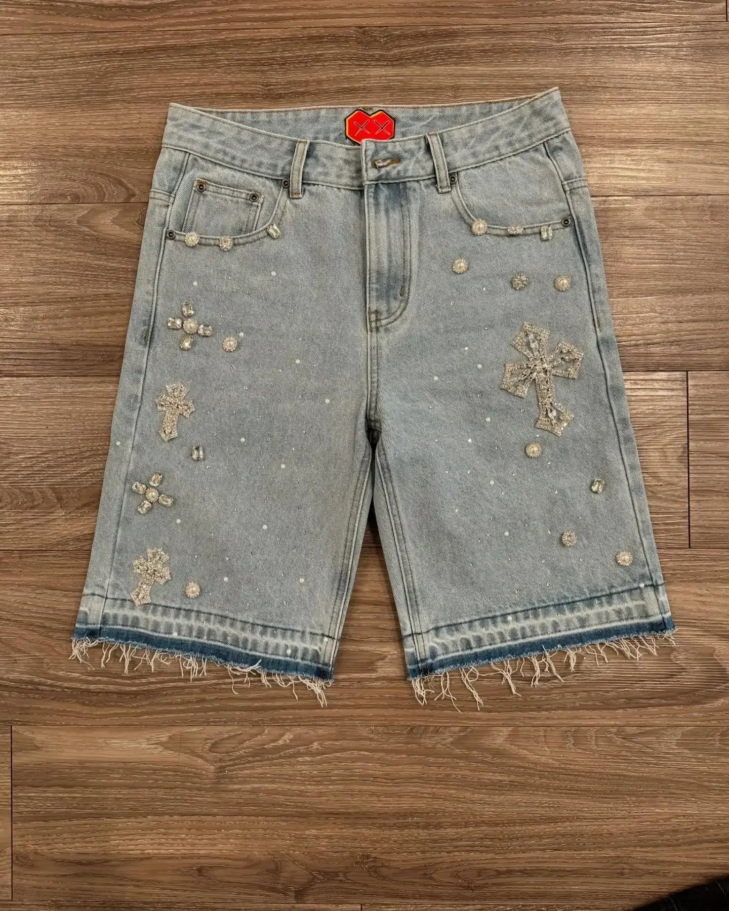 Y2K Distressed Diamond Tassel Blue Short Jeans Ripped Loose Wide Leg Denim Shorts Korean Casual Shorts