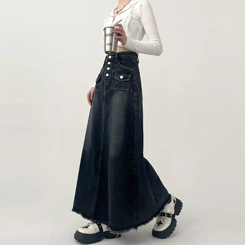 High-waisted Cargo Denim Skirt Long A-line Mid-length Skirt Retro Raw Edge Y2k Clothing Korean Style