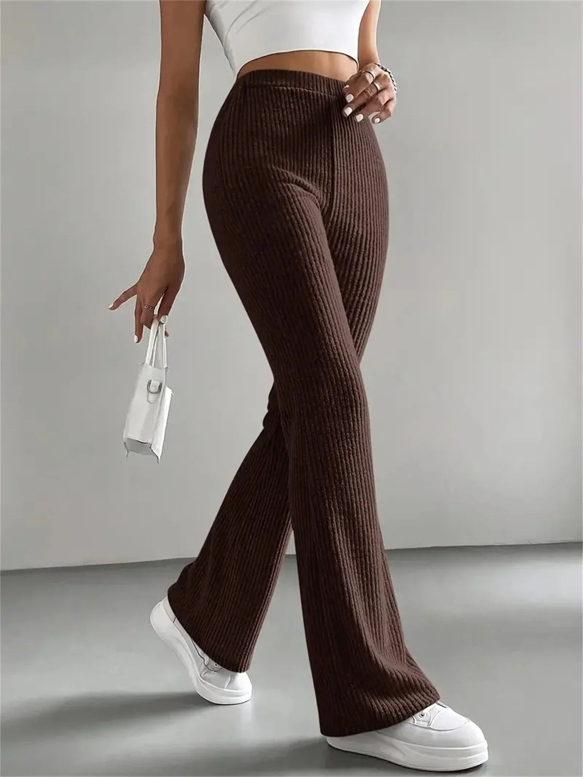 Ribbed Knitted Flare Pant Fashon Slim Solid High Waist Trousers Casual Street Vintage Chic Pants