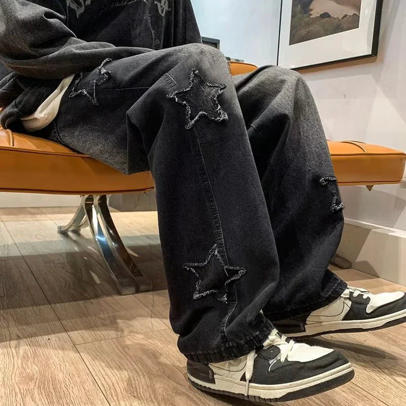 Star Embroidery Straight Casual Jeans Gothic Neutral Wide Leg Loose Hip-hop Youth Streetwear Denim Trousers Y2K