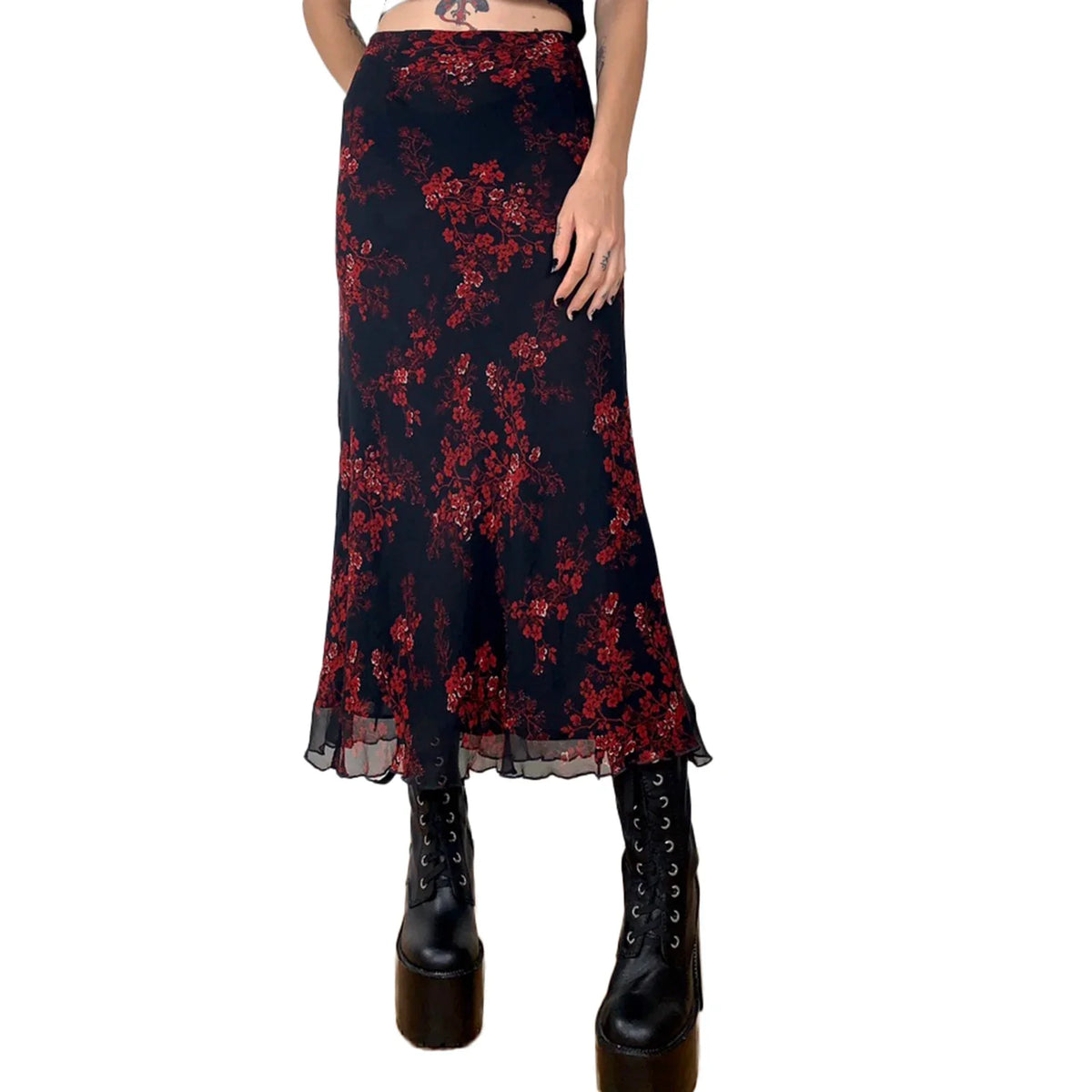 Combhasaki Y2K Retro Vintage Floral Printed High Waist Ruffled Elegant Elastic Waist Long Skirts Street Style Bottoms