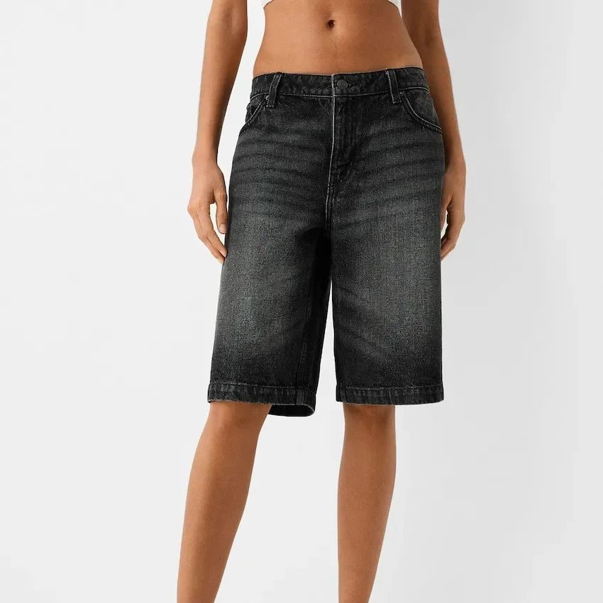 Y2k Knee Length Denim Shorts High Waist Baggy Jean Shorts Bermuda Shorts Straight Leg Carpenter Shorts
