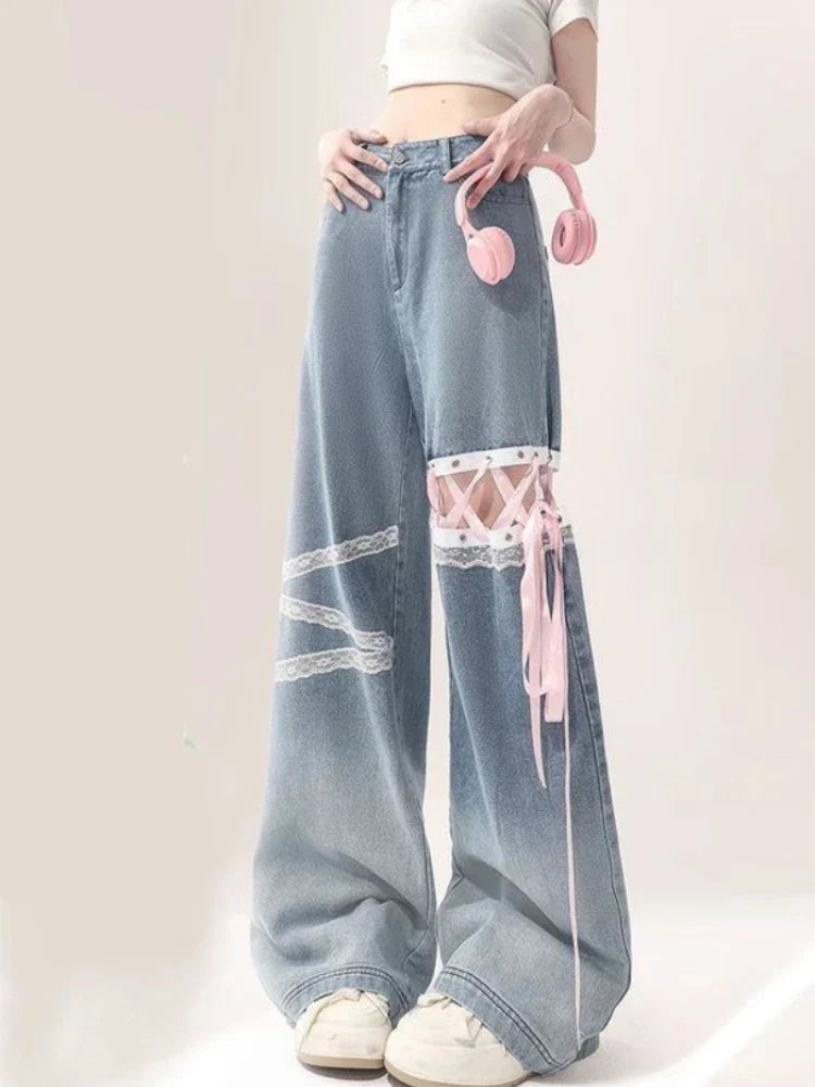 American Sweet Pantalones De Mujer Lace Patchwork Bandage High Waist Casual Loose Jeans Preppy Style All Match Clothing