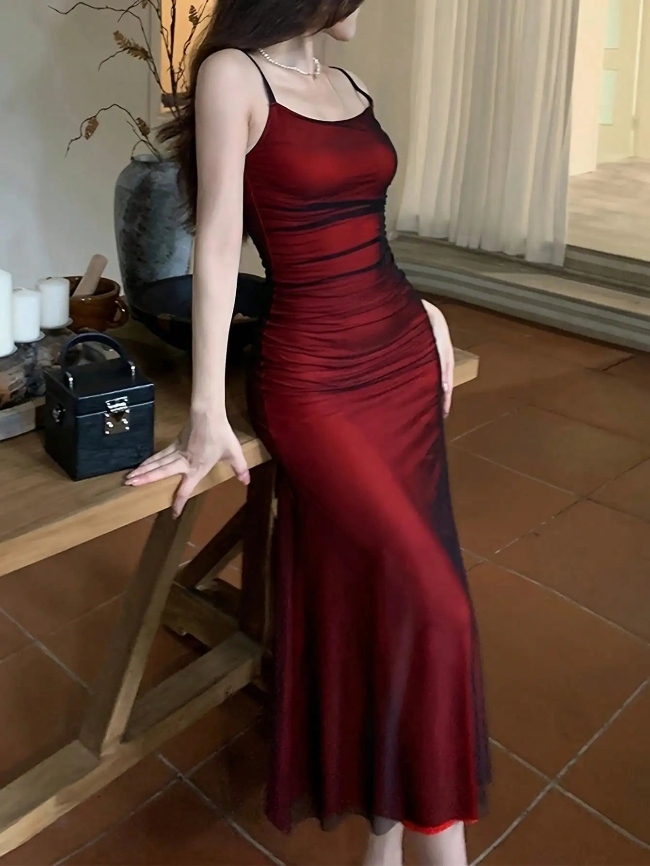 Dress Red Pasta with Straps Pleated Strappy Dress Slim