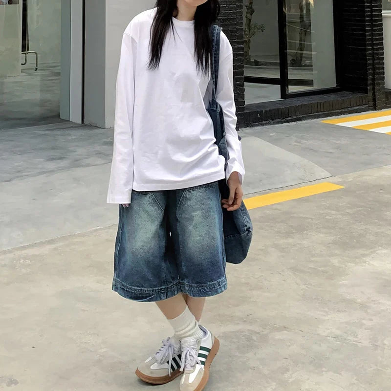 Y2K Vintage Baggy Jean Shorts Washed Wide Leg Capri Pants Casual Barrel Denim Shorts