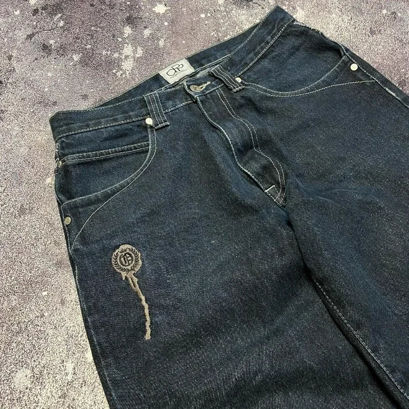 Y2k Hip Hop American Wide Leg Pants Gothic Zipper Skull Embroidered Jeans Harajuku Vintage High Waist Casual Jeans Unisex