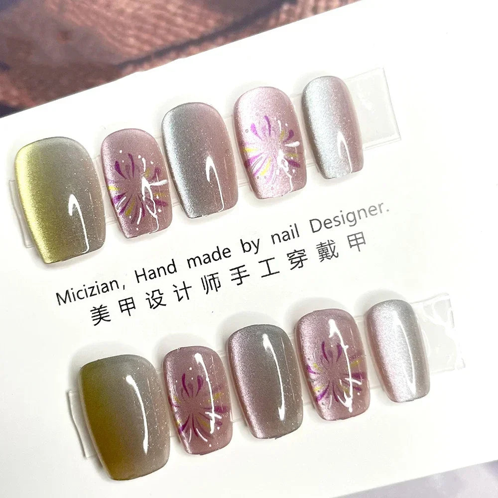 10Pcs Wearable Cat Eyes Series Short Square Press On Nails Kawaii Cartoon Cat Rabbit Rhinestone Gradients Full Cover False Nails