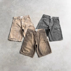 Deeptown Y2k Vintage Washed Short Cargo Jeans Harajuku Hole American Style Wide Leg Man Jorts Baggy Hip Hop Streetwear