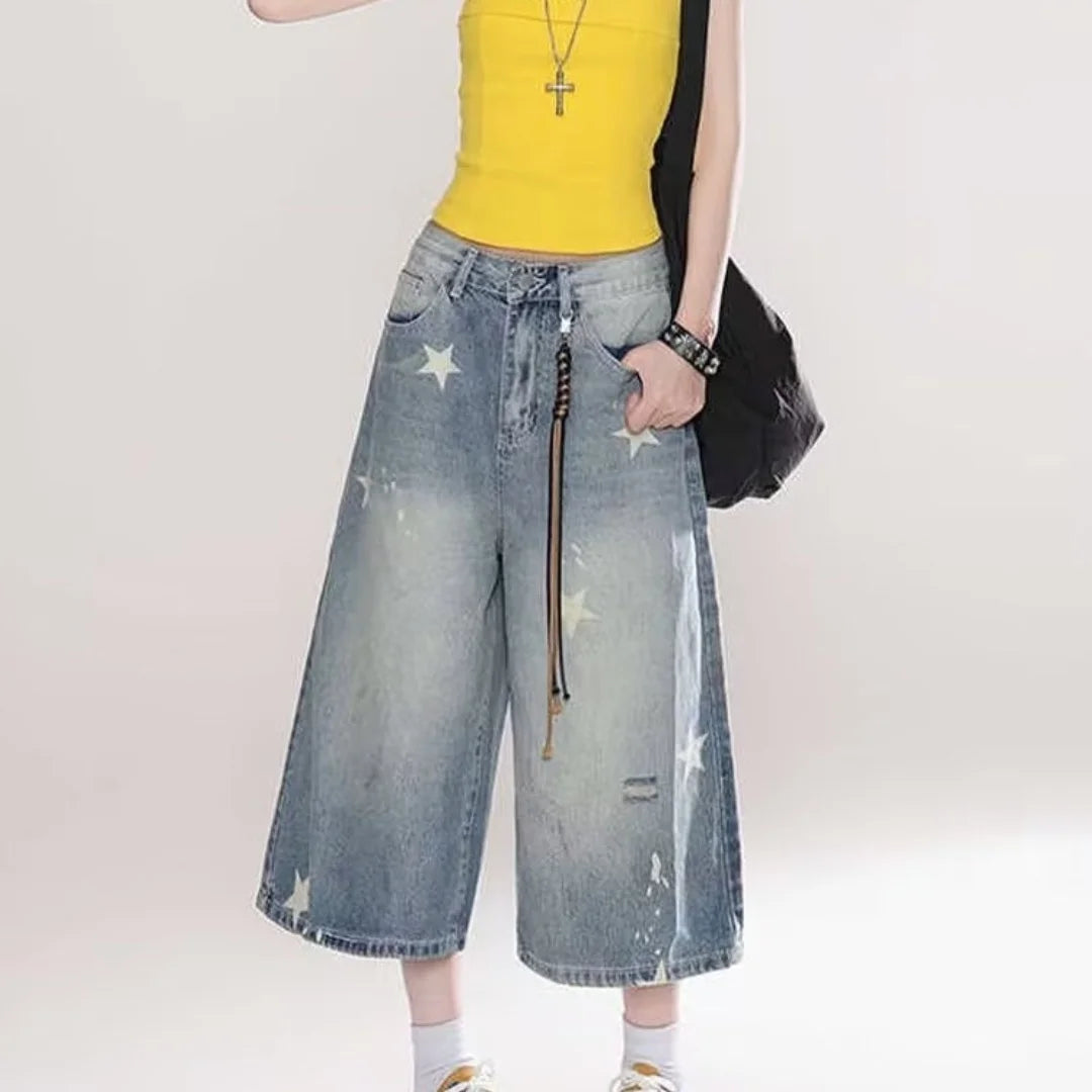 DM American Vintage Washed Star Denim Shorts Y2k High Waist Straight Wide Leg Jeans Loose Knee-Length Pants