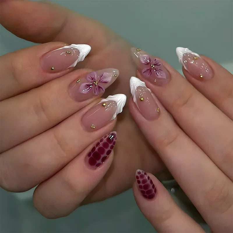 24PCS Simple Ins Dark Pink Blush 3D Flower Almond False Nails with Glue Leopard Print French Spice Girls Fake Nail Tips Press On