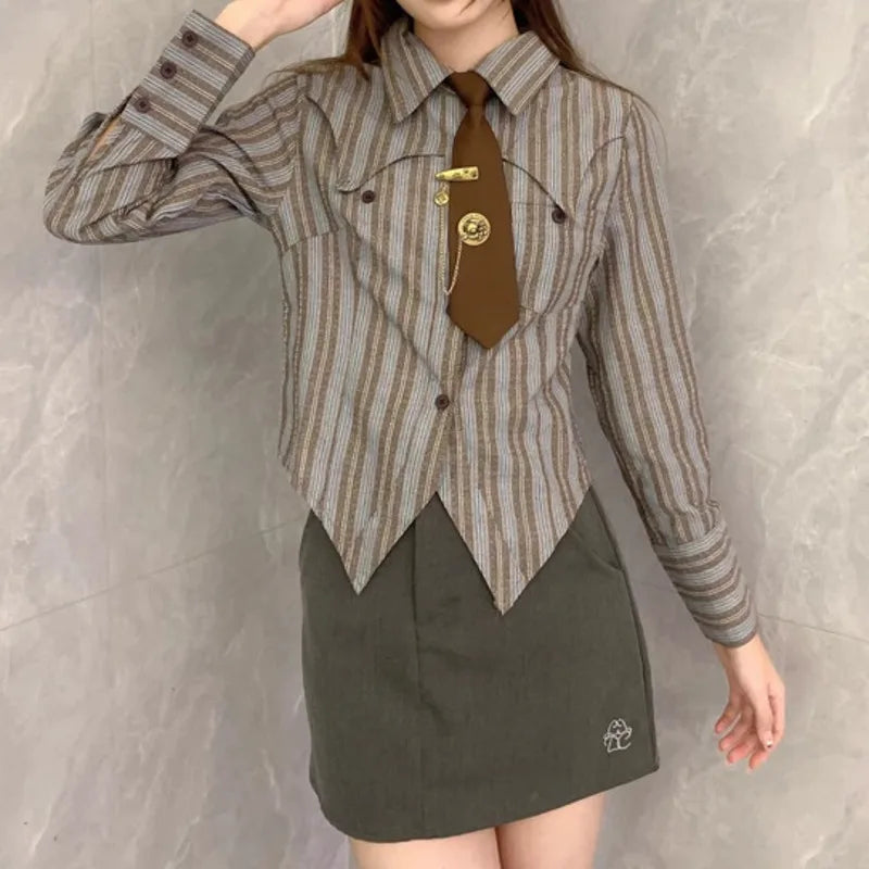 2PCS American Retro Pants Sets Striped Long Sleeve Casual Blouses Patchwork Button Punk Jeans Chic Two Piece Suits