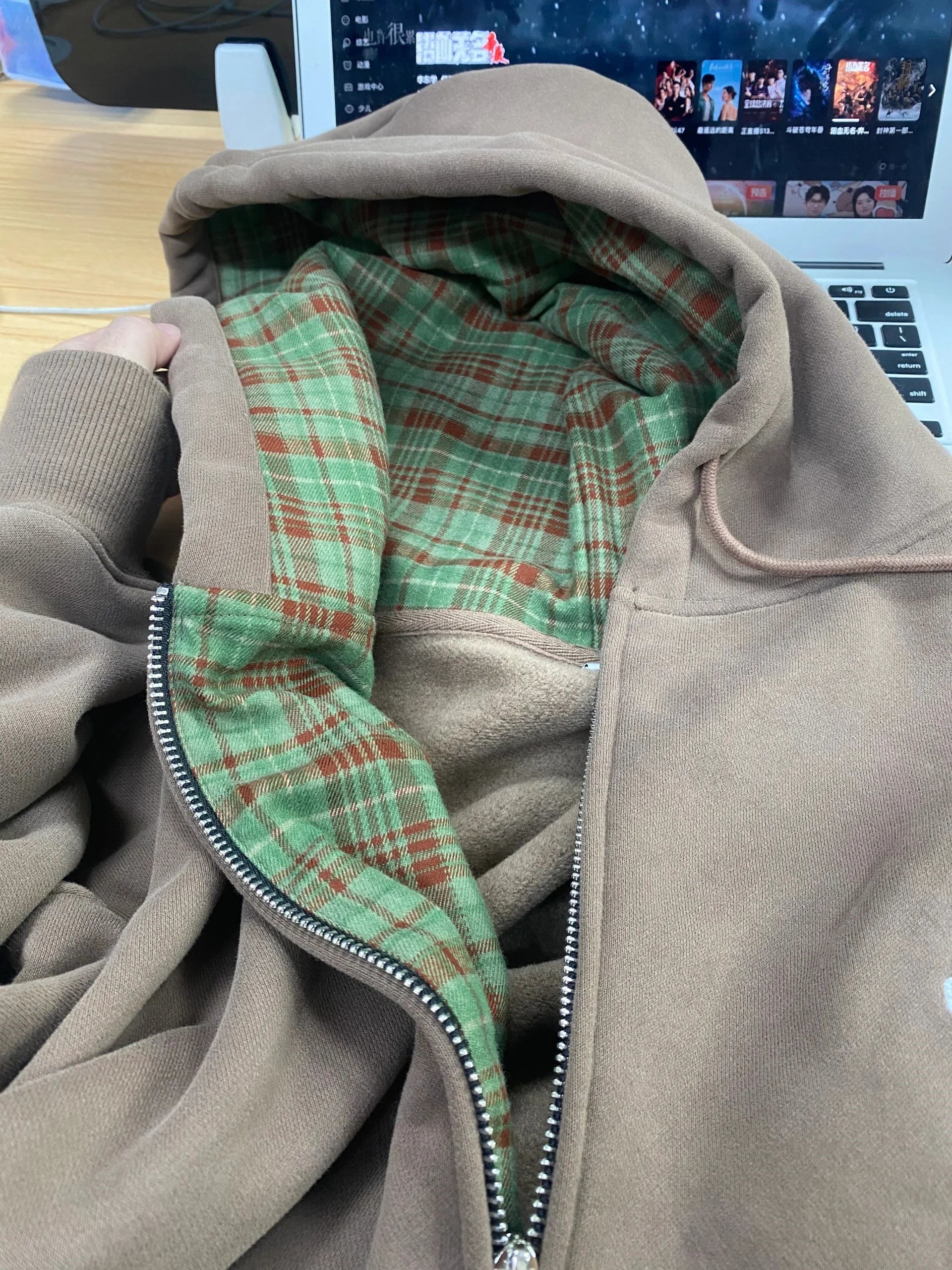 American Retro Brown Checkered Hooded Sweatshirt Casual Cardigan Jacket Trendy Long Sleeved Loose Outwear