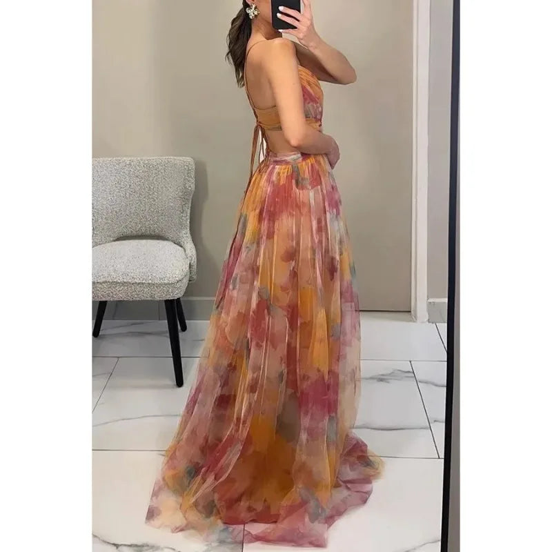 Hollow Out Party Dress, Loungewear Printing Maxi Dress, Sleeveless Lace-Up Ladies Dress Vestido