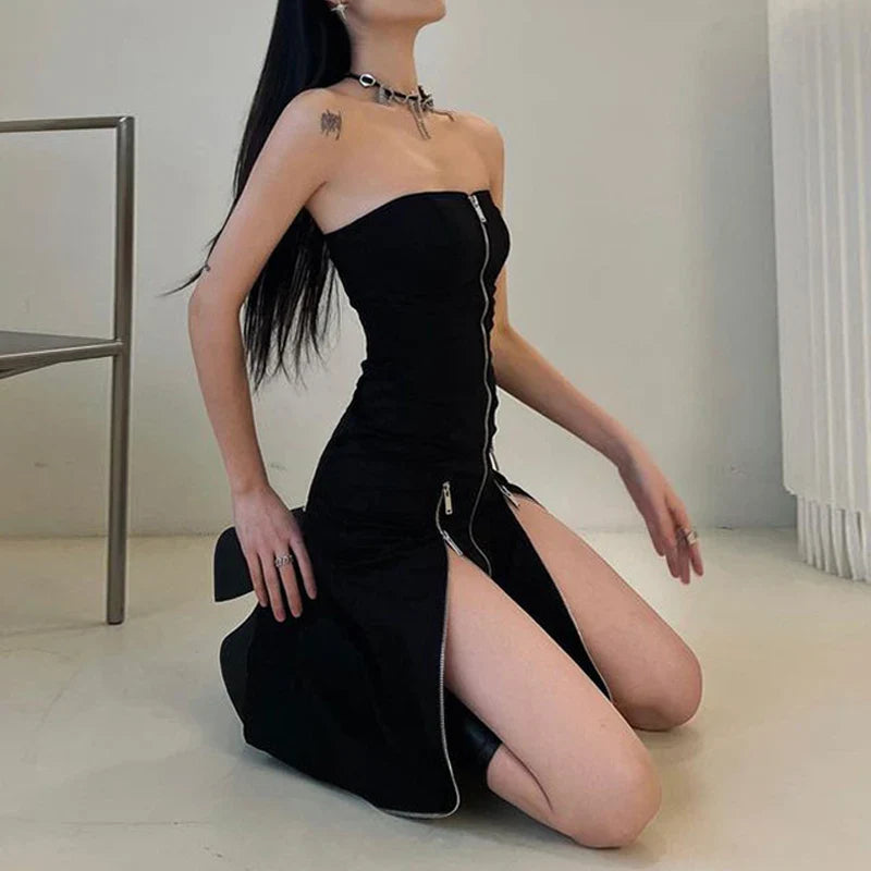 Goth Dark Techwear Zip Up Midi Dresses Cyber Y2k Mall Gothic Split Tube Dress Partywear Punk Off Shoulder Outfits