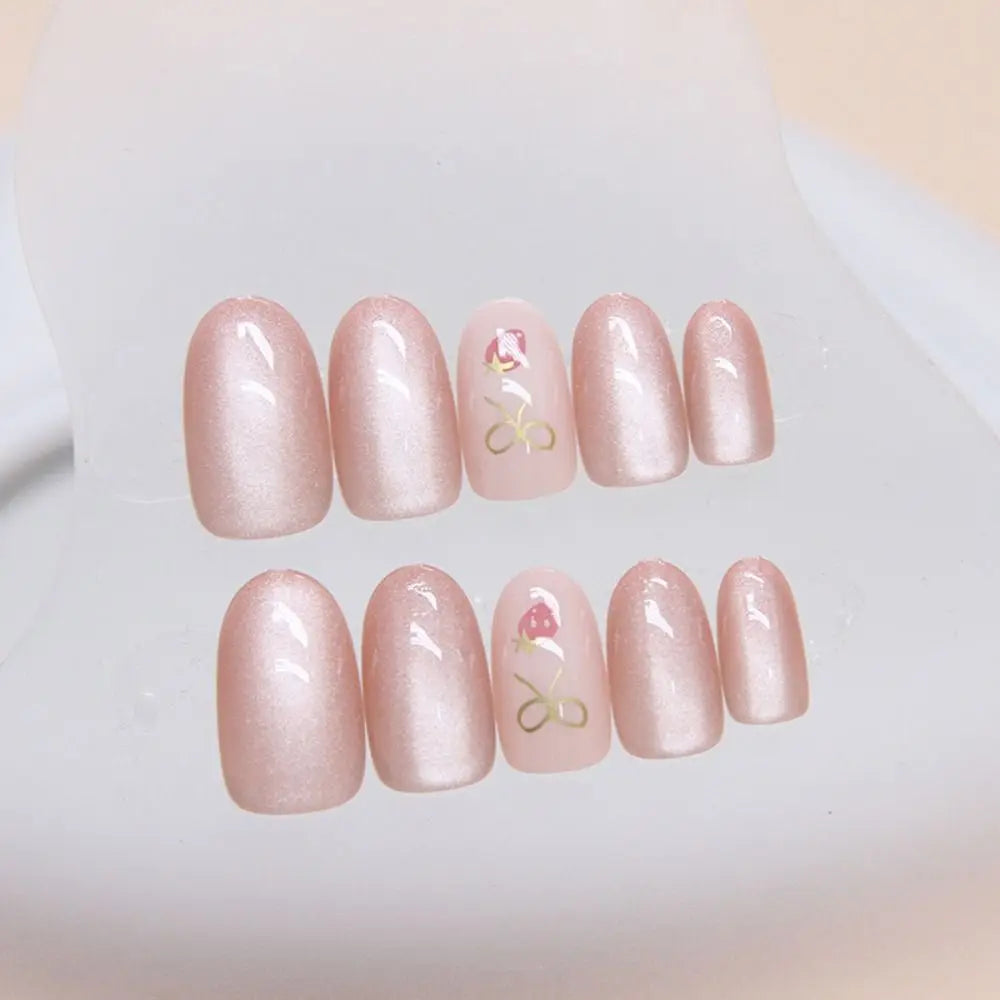24pcs Oval False Nails French Strawberry Butterfly Cat Eye Press on Nails Fake Nails DIY Manicure Detachable Nail Tips