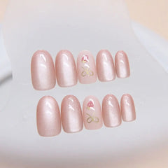 24pcs Oval False Nails French Strawberry Butterfly Cat Eye Press on Nails Fake Nails DIY Manicure Detachable Nail Tips