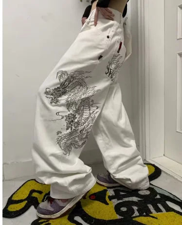 Unisex White Red Tribal Flame Print Loose Wide Leg Jeans Y2K Grunge Streetwear Oversized Denim Pants
