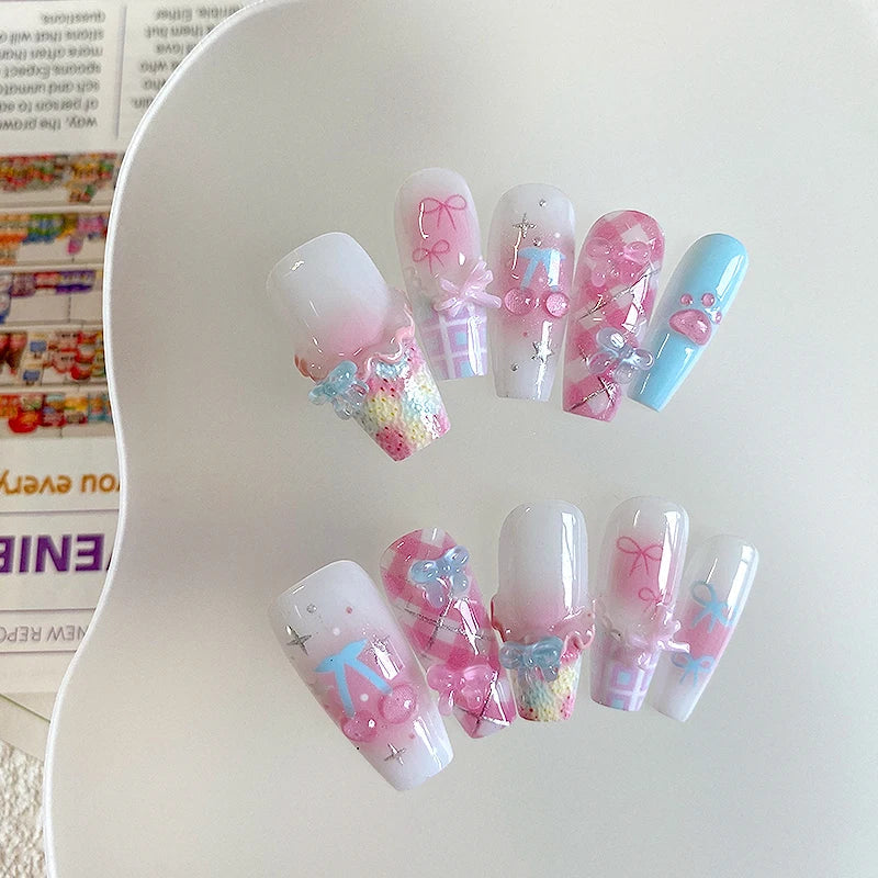 10pcs pure handmade coffin shaped nail art, beautiful fake nails, playful pink white blue nail art, suitable