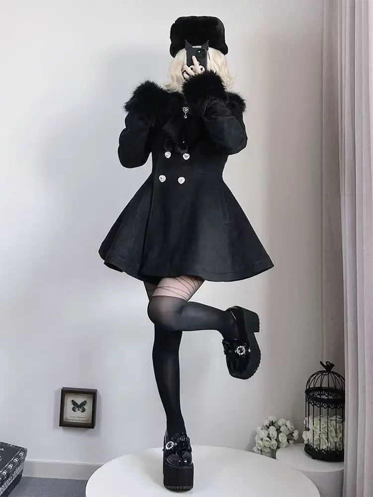 Japanese Slim Bow Long Sleeve Coat Elegant Fur Collar Lace Overcoat Design Chic Sweet Woolen Cloth Coat