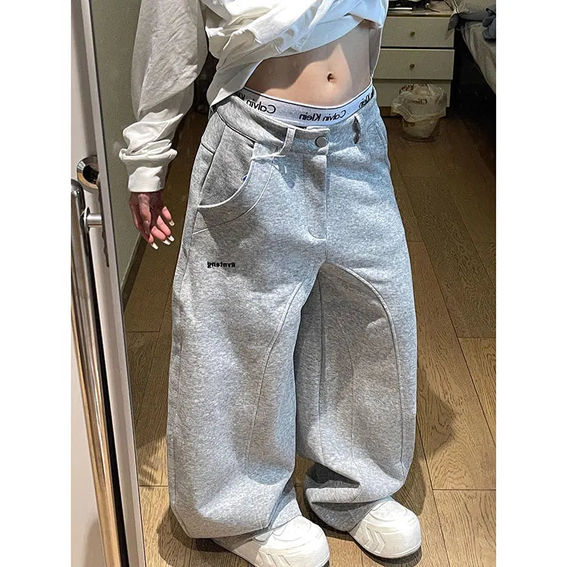 Vintage Y2K 2000s Parachute Grey Pants Harajuku Streetwear Letter Wide Leg Oversize Pockets Baggy Cargo Sweatpants