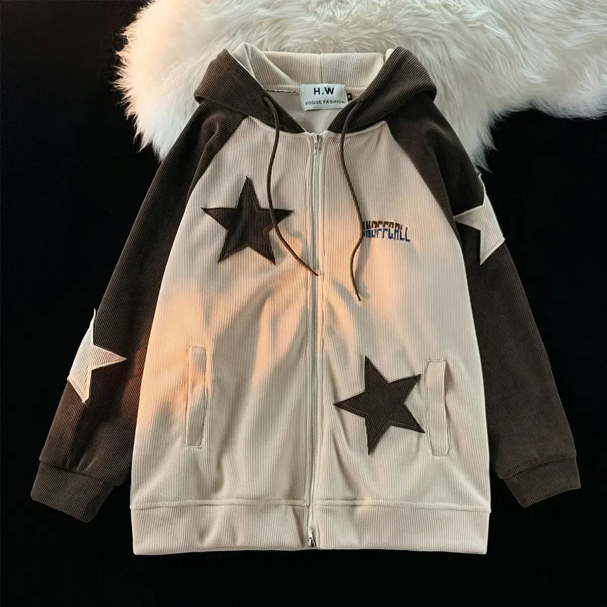 American Retro Star Patch Designs Zipper Hoodie Street Joker Sweatshirt Unisex Stitching Loose Casual Top
