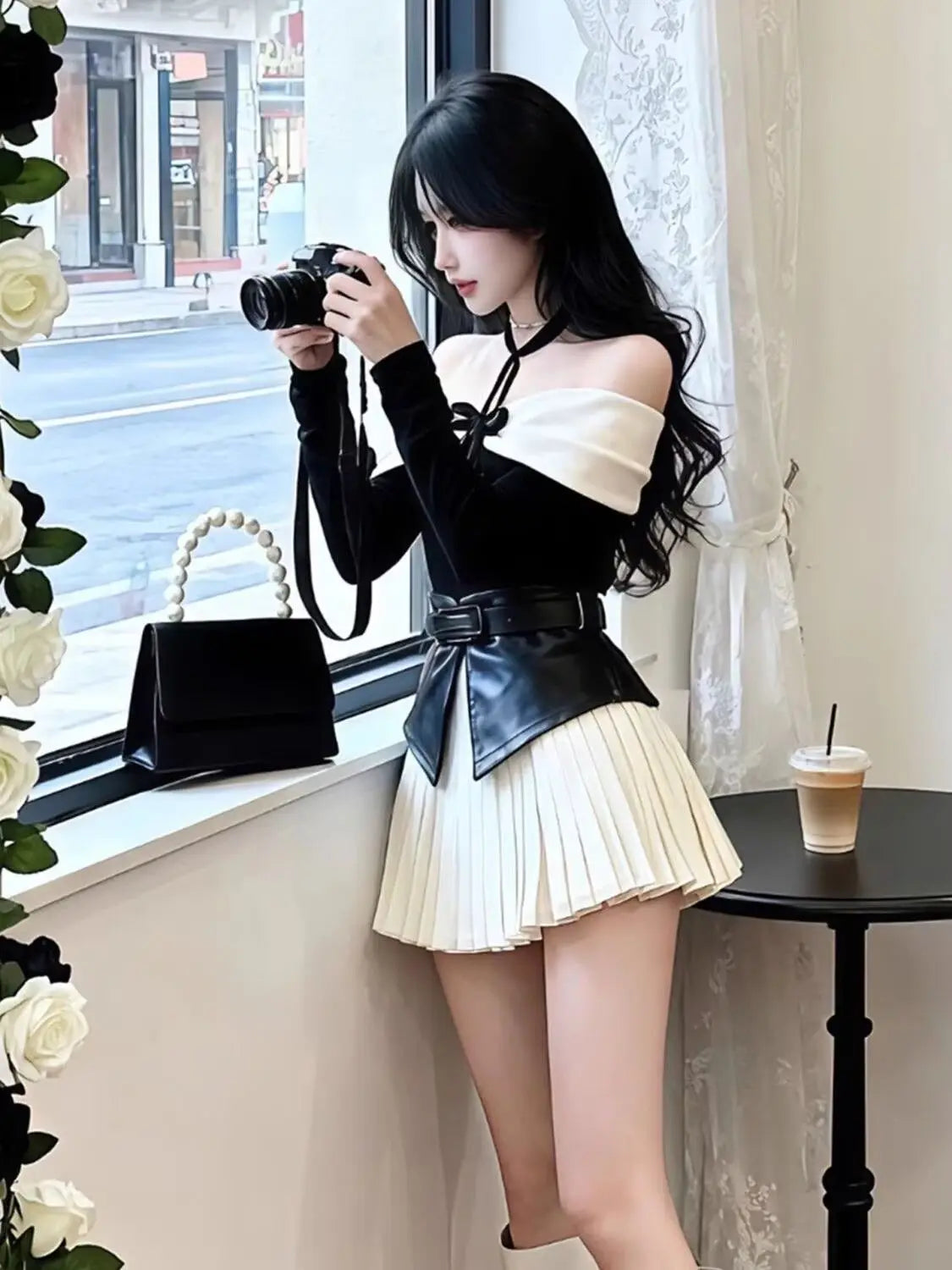 French Style One-Shoulder Butterfly Knot Waist Seal Splice Slit Slimming Half Skirt Set Sweet Lolita Top Bottom En
