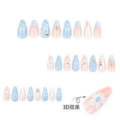 24pcs Light Blue False Nails Beach Style Seashell Starfish Flower Pattern Press On Nails Smudging French Almond Fake Nail