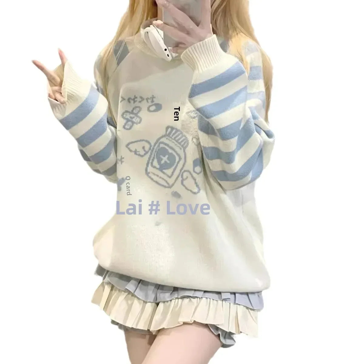 Striped Zipper Y2k Subcultural Long Sleeve Sweater Round Neck Preppy Style Sweet Loose Kawaii Knitted Top