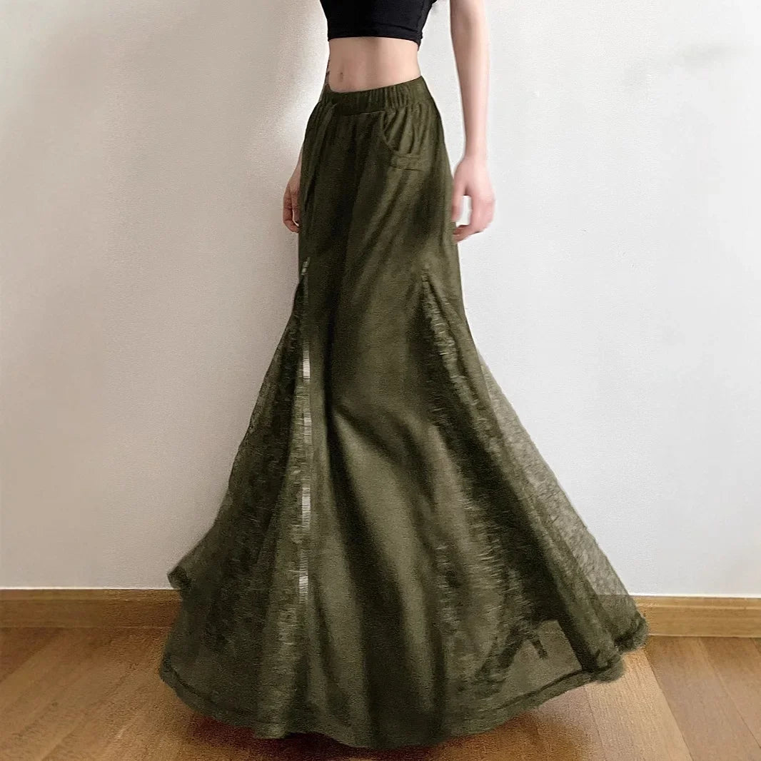 Low Waist A- Line Skirt Vintage Green Lace Patchwork Floor Length Heavy Zipper Half Body Skirt Romantic Green Wilderness Fairy T