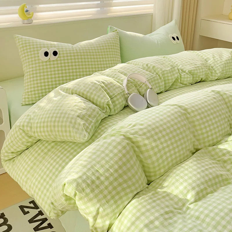 Small Fresh Cream Style Striped Simple Embroidery Big Eyes Four-piece Bed Sheet Quilt Cover Bed Sheet Dormitory Three-piece Set