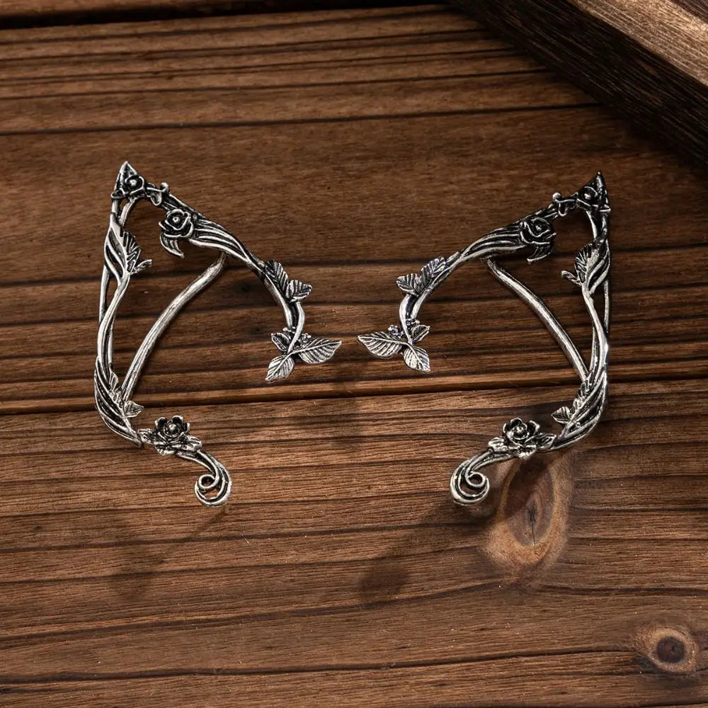Cute Alloy Elf Ear Clip Korean Style Ear Cuff Rose Flower Hollow Ear Clips Ear Hook Jewelry Accessories Halloween